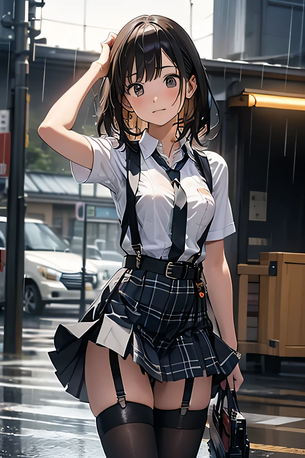 1 female, , high quality, masterpiece, Ultra-high resolution, Cinema Lighting, 1 female, , high quality, masterpiece, Ultra-high resolution, , Cinema Lighting, suspenders Moderate breasts Small face Looking up Sweat Thin belt buzzer 脇Sweat garter belt Belt on pants holster Hands behind your back Looking up Anxious face Knee-high Knee socks Knee-highソックス garter ふとももにgarter belt Checkered mini skirt Panty shot Skirt gap Armament holster holster Hands behind your back Anxious expression Anxious face, legs apart Armament Leg Holster holster See-through clothing heavy rain Rain-soaked dress shirt,Moderate breasts ガーターbelt suspenders Garter on the thigh Checkered mini skirt Looking up Pause belt Armpit sweat Hands behind back Raise your hands