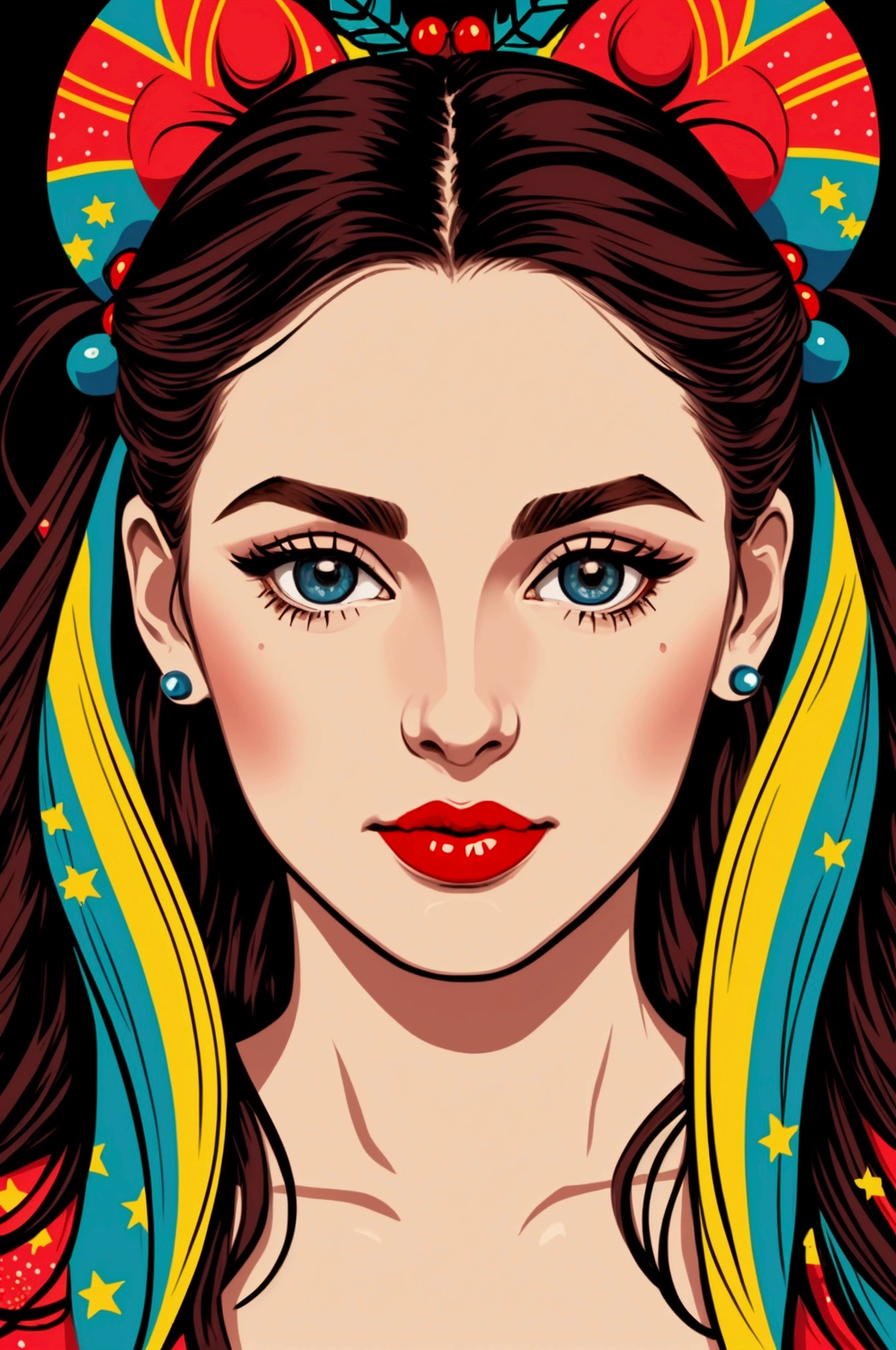Freedom loving, beautiful young bohemian woman, retro pop art, beautiful female pop portrait, Beautiful face, festive fun, original art by Geramondo Geriandi