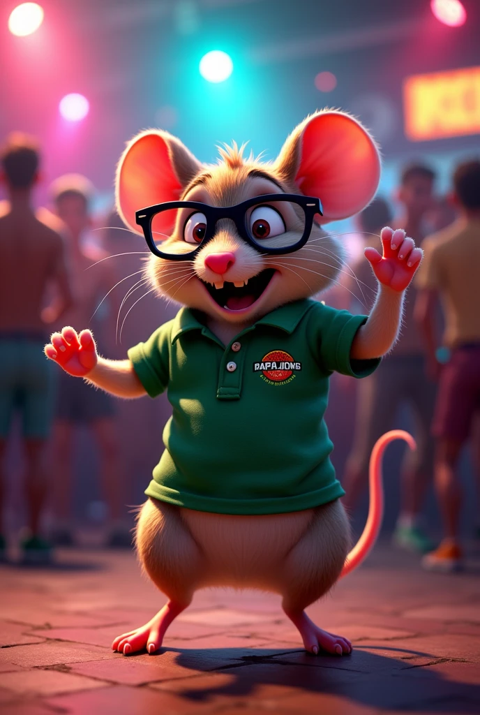 A little mouse who is partying in a nightclub with a green polo shirt that says PAPA JOHNS and is wearing black glasses