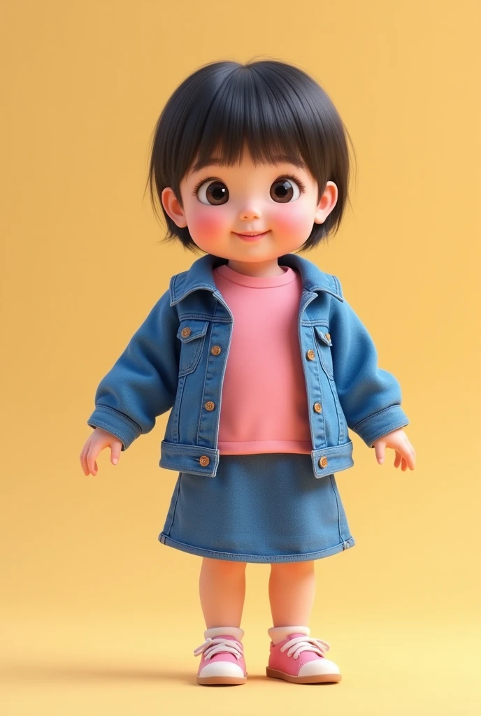 Generate image of a Toddler girl with chubby asian face with short straight hair with bangs wearing blue denim jacket paired with a solid pink t-shirt and a blue denim skirt wearing matching shoes in a solid beige backdrop