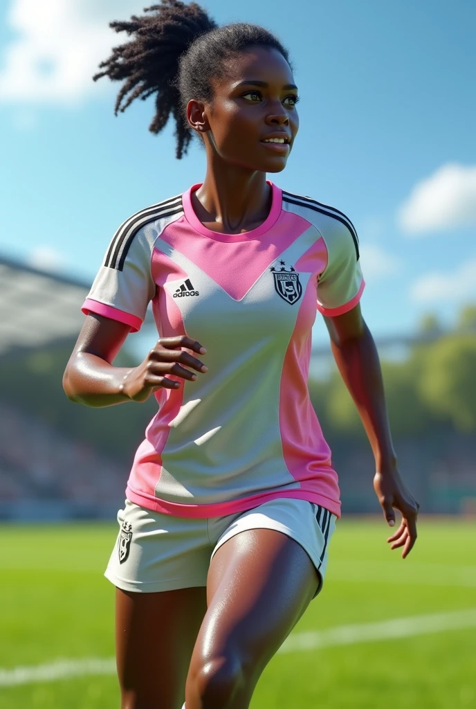 Black female soccer player 3d , with the white and pink shorts, white shirt with pink and black stripes