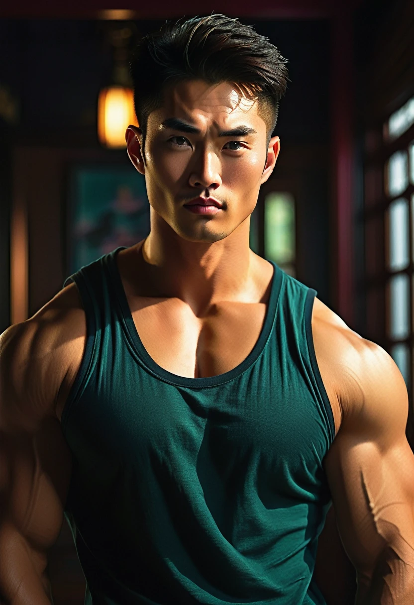 a handsome muscular chinese man, 27 years old, homoerotic pose, provocative expression, detailed facial features, beautiful eyes, sharp jawline, thick eyebrows, full lips, flawless semi-tan skin, veluptuous hot body, sensual muscles, tight clothing, moody dramatic lighting, cinematic composition, dark fantasy, chiaroscuro, dramatic shadows, rich saturated colors