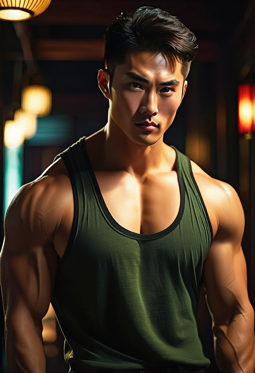 a handsome muscular chinese man, 27 years old, homoerotic pose, provocative expression, detailed facial features, beautiful eyes, sharp jawline, thick eyebrows, full lips, flawless semi-tan skin, veluptuous hot body, sensual muscles, tight clothing, moody dramatic lighting, cinematic composition, dark fantasy, chiaroscuro, dramatic shadows, rich saturated colors