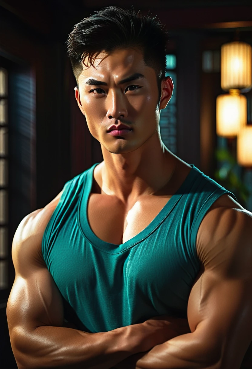 A 25-year-old Chinese sportsman calelos black muscular shirtless on a farm --auto --s2