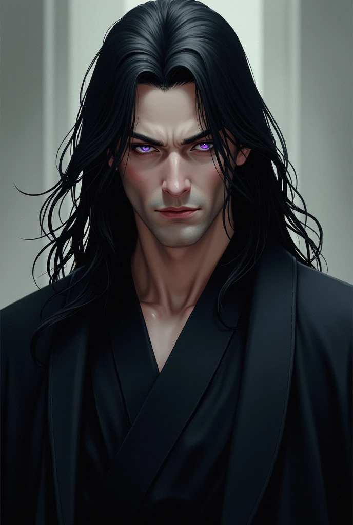 man. 40 ans. Longs cheveux noirs. Dressed in a black kimono. Yeux violets. charismatic. severe. 