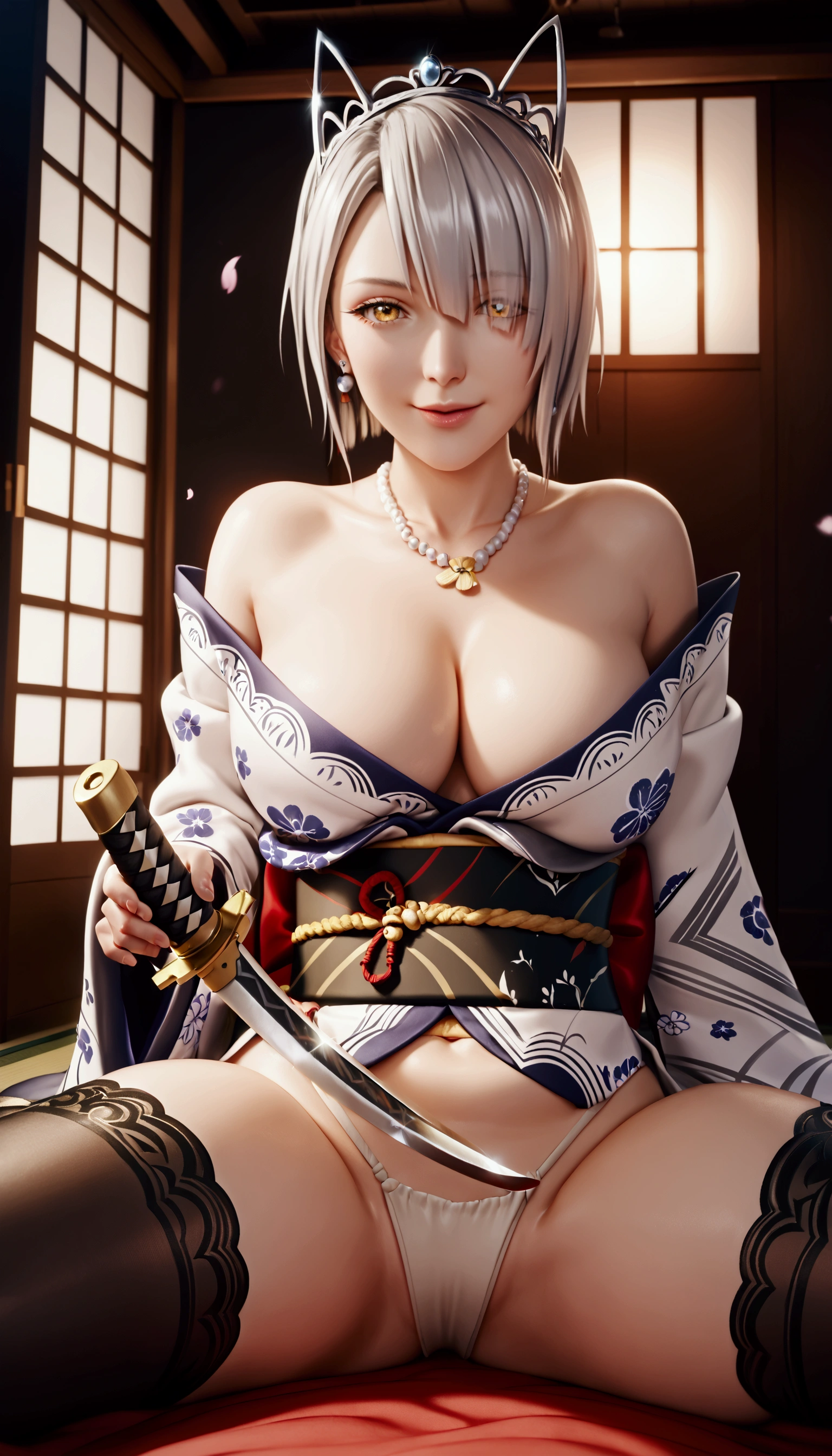 score_9, score_8_up, score_7_up, score_6_up, uncensored, chartreux westia, short hair, bangs, yellow eyes, grey hair, hair over one eye, tiara, BREAK Photorealistic, Hyperrealistic, Hyperdetailed, analog style, soft lighting, subsurface scattering, realistic, heavy shadow, masterpiece, best quality, ultra realistic, 8k, golden ratio, Intricate, High Detail, film photography, soft focus BREAK, 1girl, breasts, japanese clothes, solo, weapon, sword, kimono, magatama, katana, sash, jewelry, thighhighs, cleavage, smile, obi, thighs, earrings, rope belt, sitting, magatama necklace, wide sleeves, looking at viewer, white kimono, open mouth, necklace, detached sleeves, grey kimono, large breasts, cherry blossoms, black thighhighs, holding weapon, holding, holding sword, long sleeves, bare shoulders, dragon print, weapon over shoulder, spread legs, backlighting, tentacles, head rest, 