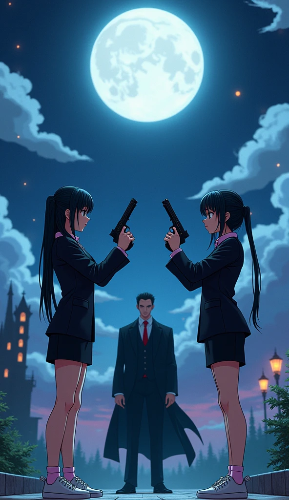 Two girls, japanese, "The first girl wear a black suit, pink shirt, black pencil skirt, black underpants, pink socks, white sneakers, holding a uzi handgun" and "The second girl wear a black suit, grey shirt, black pencil skirt, black underpants, grey socks, white sneakers, holding a uzi guns", pointing a guns to vampire, the night castle, fantasic night sky, moon, novel cartoon, 4K, HD