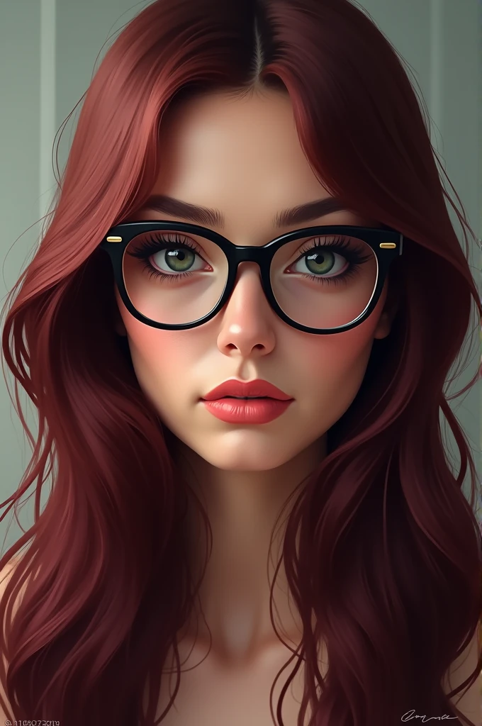 Eyes with glasses woman with long hair,Burgundy straight hair