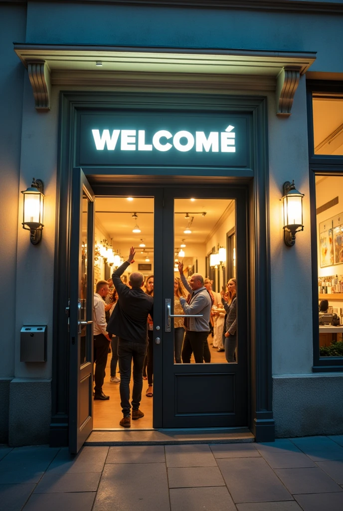 I WANT A LIVELY OFFICE that has a WELCOME ECONOTEC SRL sign. and some people are shown celebrating