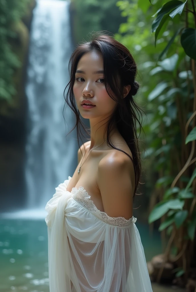 A beautiful 35 years old Thai woman, aesthetic face, big boobs, ((huge_boobs: 1.6)), covered by thin and wet see through white fabric, standing in front of beyond imagination waterfall, crystal-cleat wather, inside jungle, magazine model posture, studio light, cinematic, realistic.