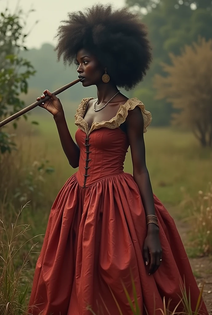 AFRICAN BLACK WOMAN WITH WIDE HIPS AND HUGE ROUND AFRO HAIR IN 18TH CENTURY DRESS SMOKING A LONG PIPE AMONG SUGAR CANE