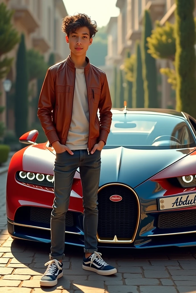 A teenager proudly poses next to a luxuries bughati on name Abdullah write on bughati