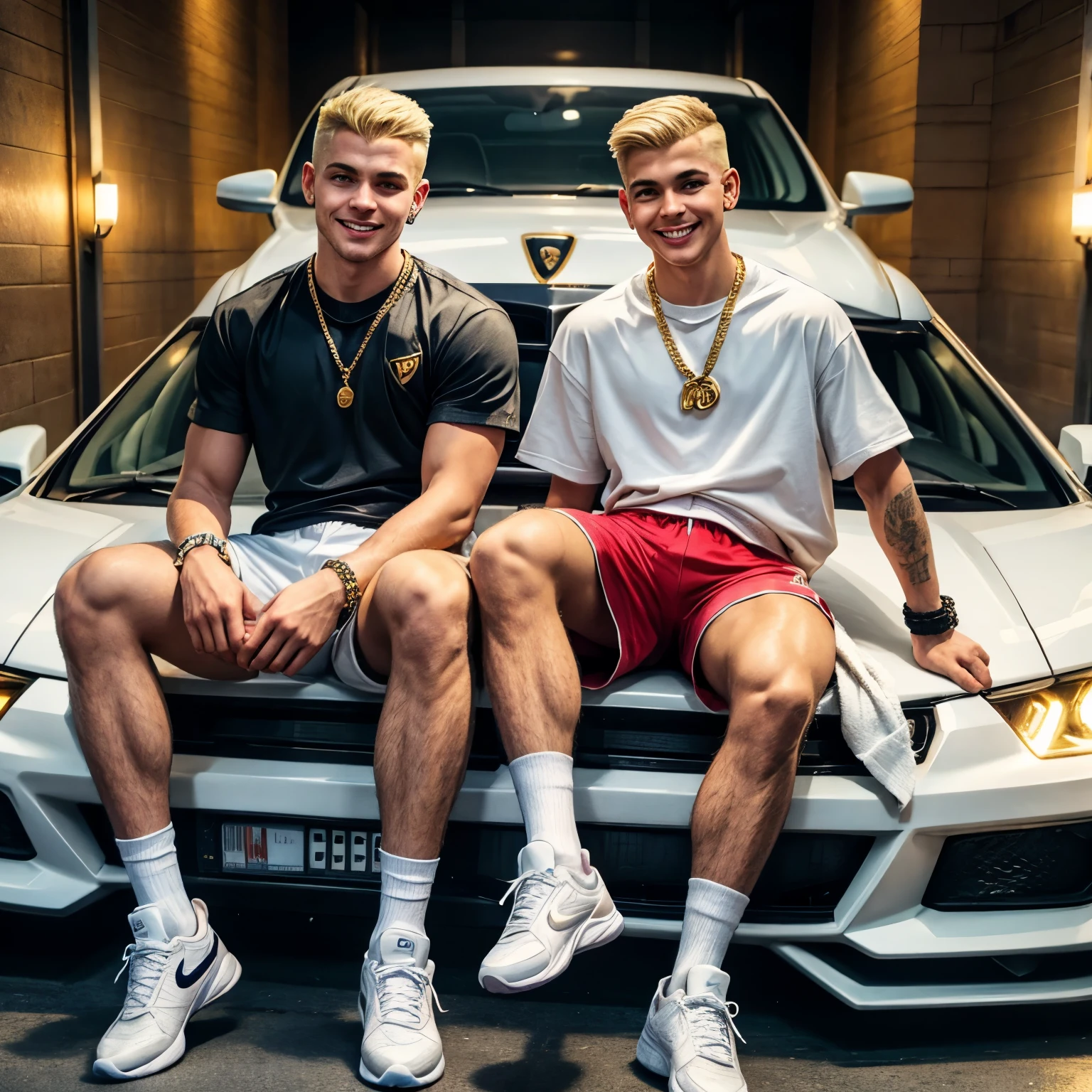 full view, 2 different young white english chav wigger boys, one blonde one brunett, both with short clean undercut haircuts, sport shorts, wearing long Nike high white socks pulled up, white and gold Jordan hitop sneakers, dozens of golden and diamond rings, chains, bracelets, too much swaggy, arrogantly smiling showing golden grillz, sitting on the front of luxury golden Lamborghini, in city underground parking
