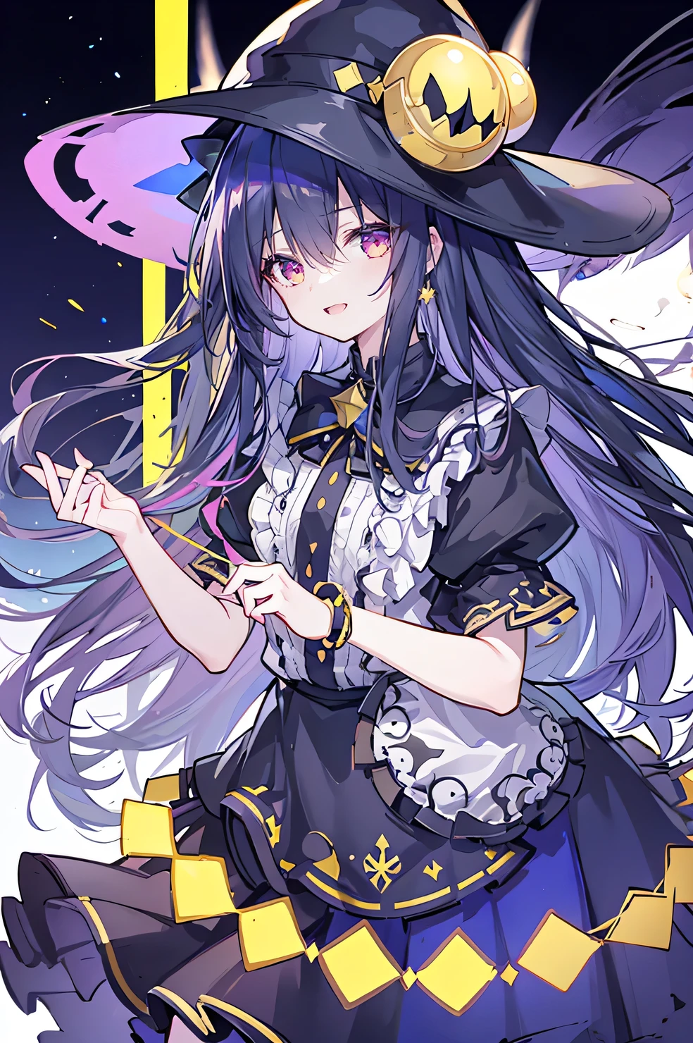 oung Girls,Humanity,A magician always smiles,big witch hat,cute,dark blue long hair,The eyes are dull,The bangs are heavy,Thin eyebrows,fantasy,intake,Double teeth,Star Theme,Constellation pattern,Solid color clothetal decoration,cloak,A bit of a dark atmosphere,A little crazy smile,When the big moon shines outside at night,blood,Hair black star embellishment,Short tie,No nails,High waist skirt,Bell sleeves,Long-sleeved shirt,Black tie,low risk,gentlemen。crap、Yellow and white effect，Shocking pink as an accent color,Starry sky background。