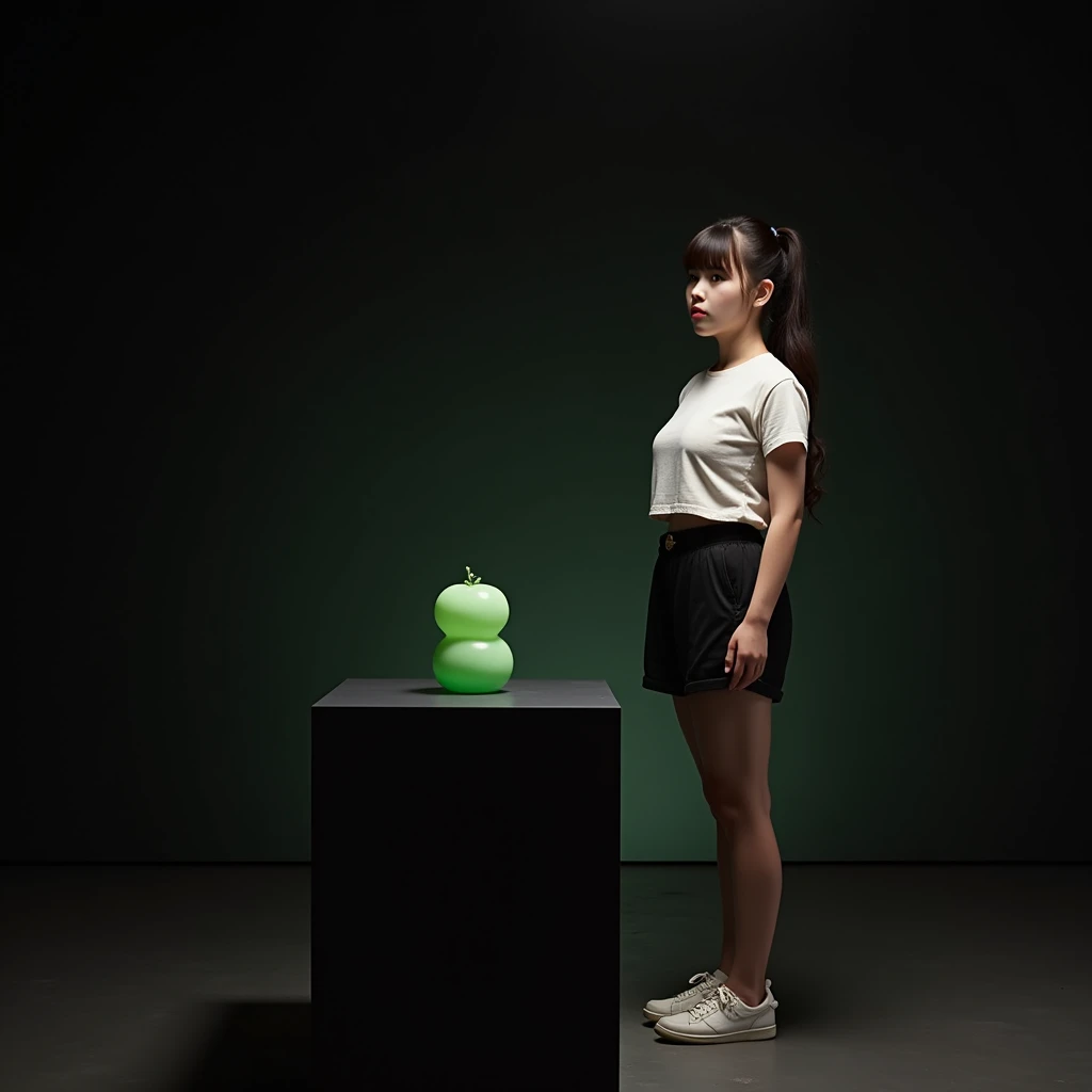 main item is a high ,black ,huge surface ,table displaying a very small green cude(size like a fist) with no shadow ,
and a 16years old ,ponytail,CUTE, BEAUTIFUL ,asian, with Bangs,white T shirt,black shorts, big breasts(34 E CUP) ,very white skin tone lady standing next to it
and
the whole body of the lady facing the camera
the back ground is a black wall
taking a realistic far view photo
