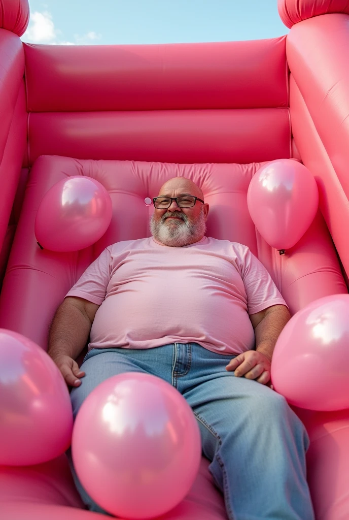 there is a obese old man reclining in a pink inflatable bounce house with a pink inflatables and filled with balloons, bald, fat, inflatable, photo shoot, inflated pvc bounce house, giant bounce house