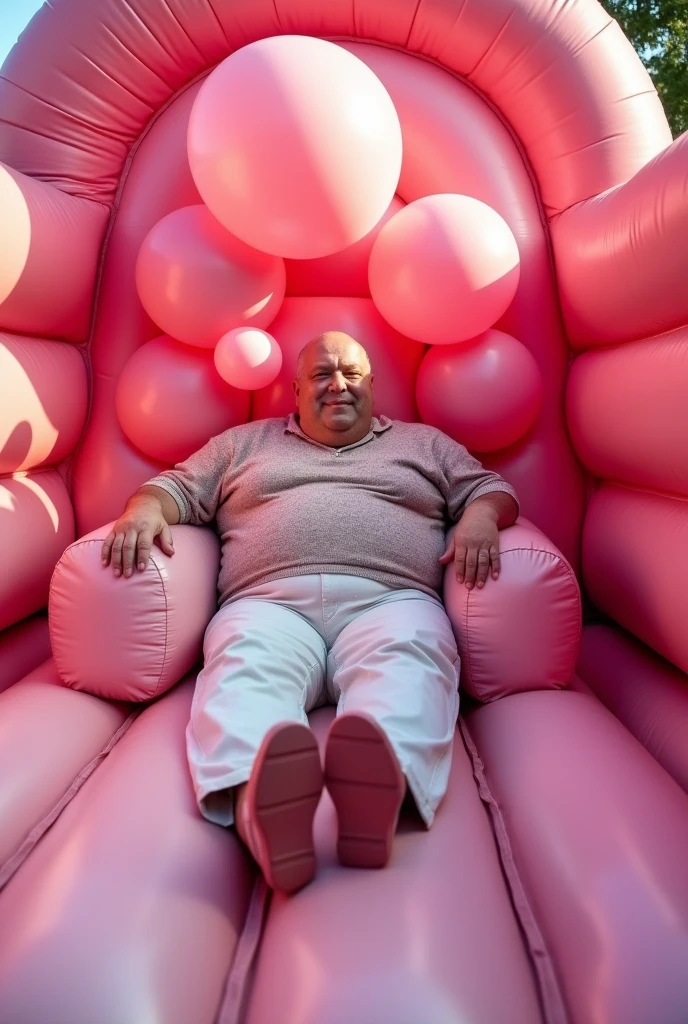 there is a obese old man in swim suit reclining in a pink inflatable bounce house with a pink inflatables and filled with balloons, bald, fat, inflatable, photo shoot, inflated pvc bounce house, giant bounce house