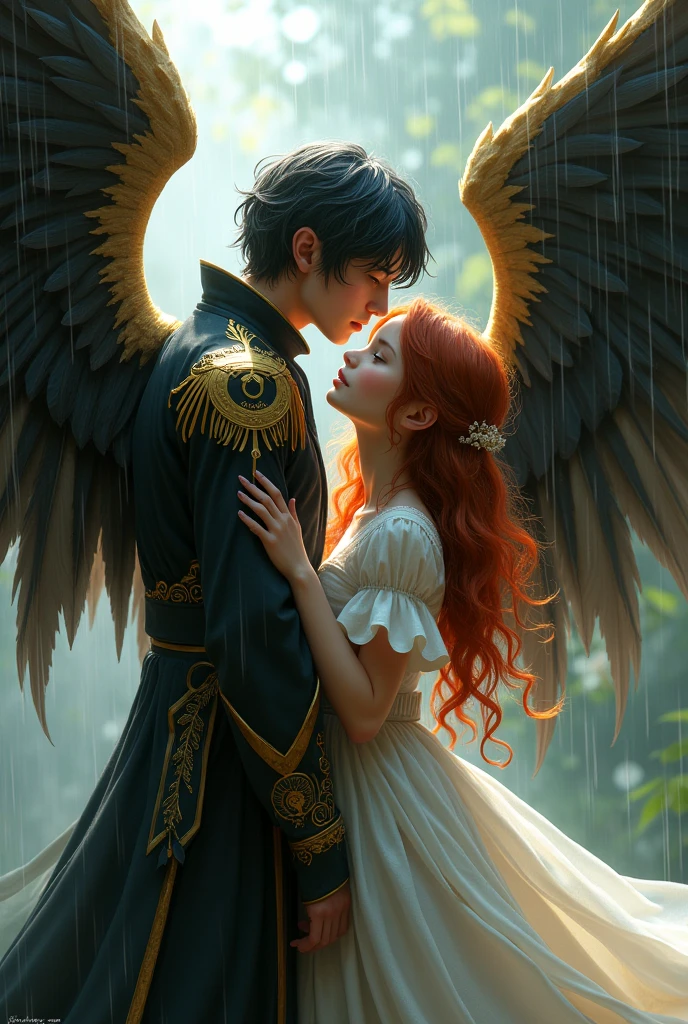 You can create an image of a couple, where the girl is thin, pale and freckled skin, with brown eyes, wavy reddish hair, He is 1m55 tall while the boy is a tall man, of a meter invention, with waist-length hair, lace and black, gold eyes, White skin, long wings with black feathers and some gold ones and the boy uses his wing to protect the girl from the rain