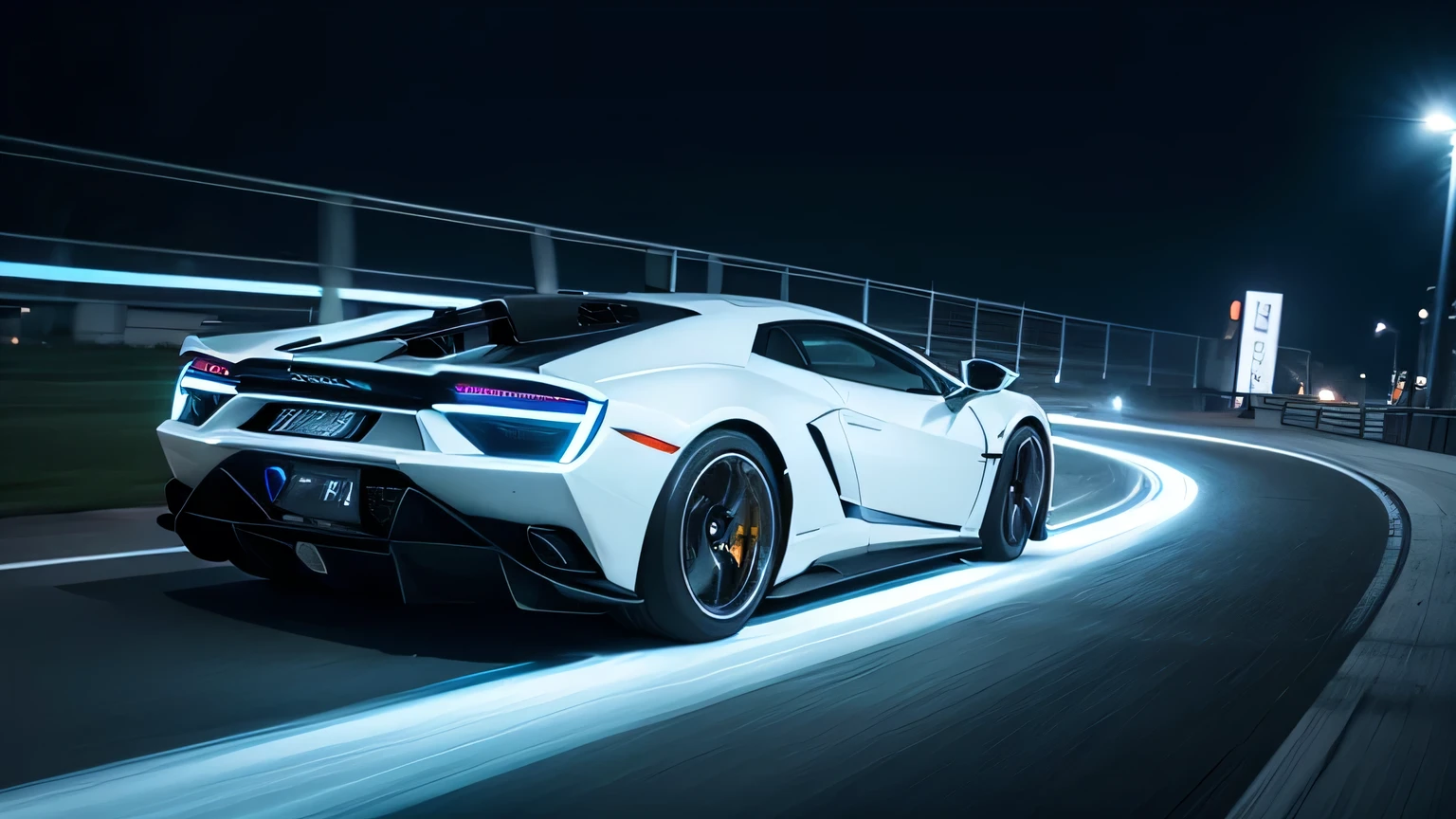 White car, black windows, futurist, led race track, evening, Exquisite, high-definition CG works.,10x pixels,ultrafine details:1.1,Advanced technical details:1.1Realistic photo effects,Indoor lighting effects.:1.5,natural soft light:1.5. light effect(Virtual light effects:1.8),ultra high resolution. LED lights embedded in the ground emit a neon blue glow that outline the race path, creating a luminous trail as vehicles move at breakneck speed, seen from the side, white lamborghini shape