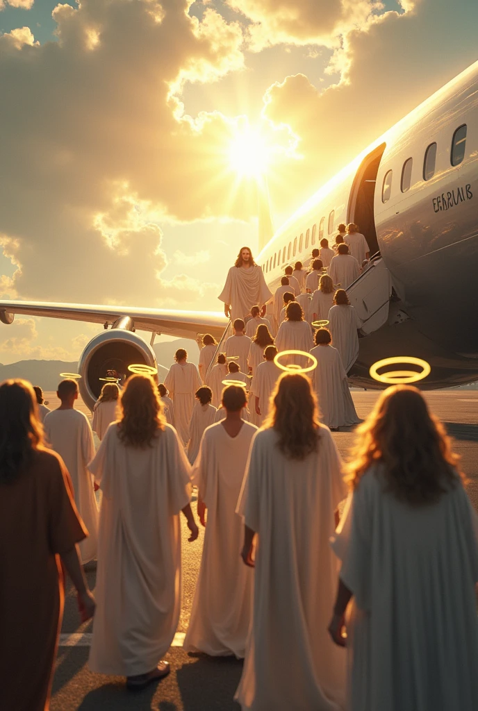 An image of a plane and many people dressed as angels getting on it, with Jesus entering behind in the human figure. sublime image. The plane is landed at the airport, in the sky, a beautiful light illuminating the plane. 