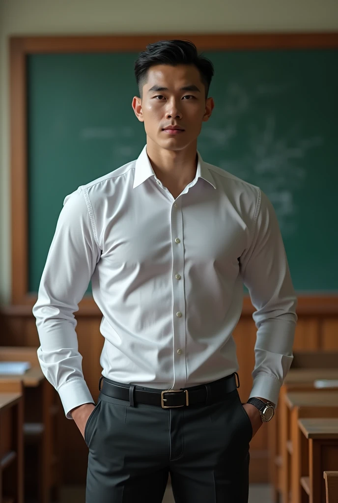 Vietnamese man, 30 years old, teacher,Handsome and elegant, Wearing a  uniform, sexy , Masculine and handsome，musculous，Muscles look good, with fair skin,, Full body photo,(ultra-detailed, photorealistic, best quality, 4k, 8k, highres, masterpiece:1.3), a mature man, charming and distinguished , (muscular build body), wearing tailored shiny  dress shirt, , perfectly fitted charcoal trousers, sweat, unbutton buttons shirt, lewd face ,tight chest, sex,See-through shirt, erotic, horny, , Accessories include a luxury wristwatch, understated cufflinks, and a simple yet elegant leather belt, in the Classroom‎,looking at viewer,muscle veins,no underwear ,Tight shirt makes muscle,unbutton,six pack