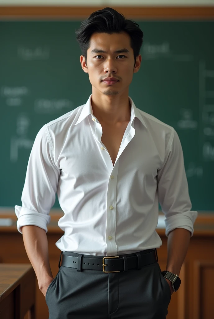 Vietnamese man, 30 years old, teacher,Handsome and elegant, Wearing a uniform, sexy , Masculine and handsome,musculous,Muscles look good, with fair skin,, Full body photo,(ultra-detailed, photorealistic, best quality, 4k, 8k, highres, masterpiece:1.3), a mature man, charming and distinguished , (muscular build body), wearing tailored shiny dress shirt, , perfectly fitted charcoal trousers, sweat, unbutton buttons shirt, lewd face ,tight chest, sex,See-through shirt, erotic, horny, , Accessories include a luxury wristwatch, understated cufflinks, and a simple yet elegant leather belt, in the Classroom,looking at viewer,muscle veins,no underwear ,Tight shirt makes muscle,unbutton,six pack