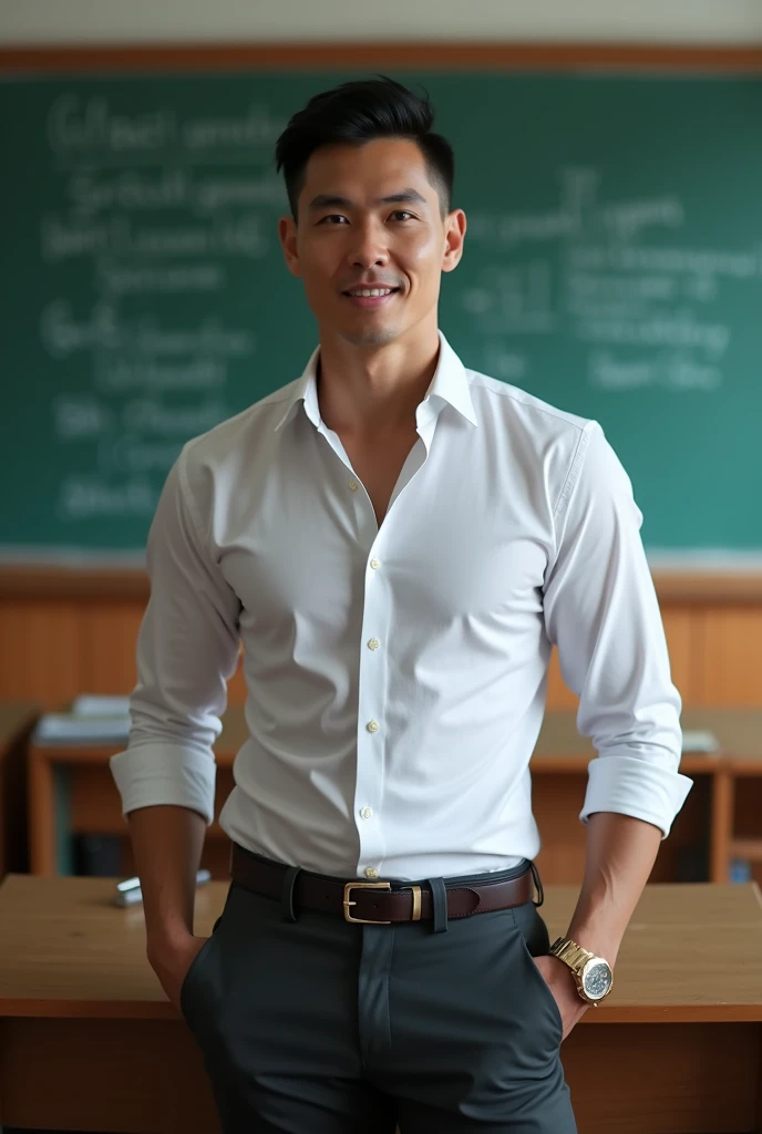 Vietnamese man, 30 years old, teacher,Handsome and elegant, Wearing a uniform, sexy , Masculine and handsome,musculous,Muscles look good, with fair skin,, Full body photo,(ultra-detailed, photorealistic, best quality, 4k, 8k, highres, masterpiece:1.3), a mature man, charming and distinguished , (muscular build body), wearing tailored shiny dress shirt, , perfectly fitted charcoal trousers, sweat, unbutton buttons shirt, lewd face ,tight chest, sex,See-through shirt, erotic, horny, , Accessories include a luxury wristwatch, understated cufflinks, and a simple yet elegant leather belt, in the Classroom,looking at viewer,muscle veins,no underwear ,Tight shirt makes muscle,unbutton,six pack