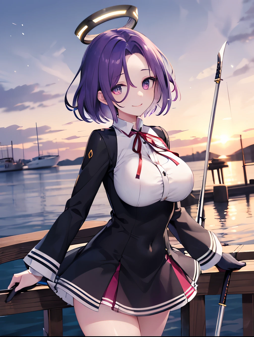 masterpiece, best quality, highres, mechanical halo, (big_breasts:1.2), black dress, neck ribbon, long sleeves, black gloves, outdoors, cowboy shot, standing, holding weapon, polearm,smile,,harbor_town_landscape,purple_halfeyes,(scornful eyes:1.4)