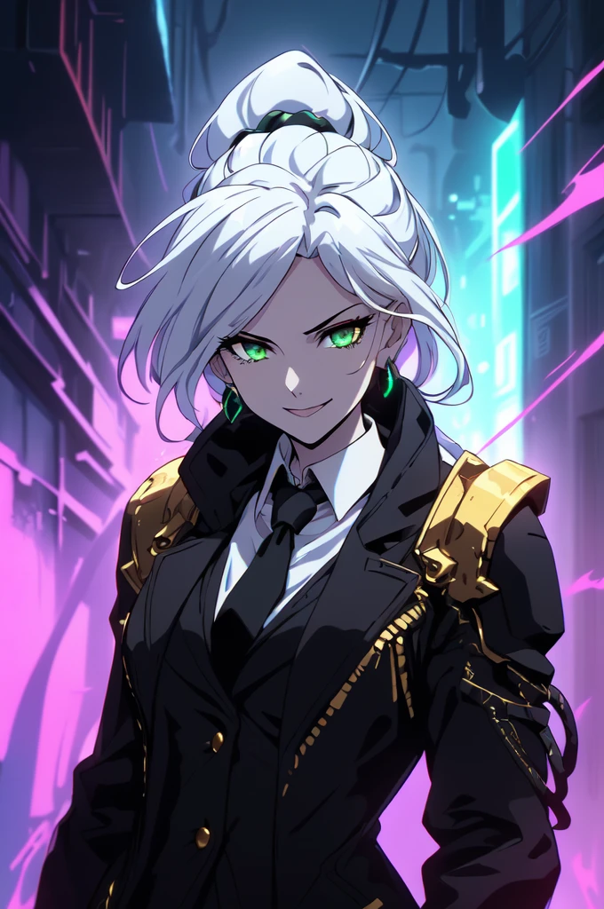 anime, masterpiece, best quality, (extremely detailed CG unity 8k wallpaper), (best quality), (best illustration), (best shadow), absurdres, realistic lighting, (Abyss), beautiful detailed glow, beautiful, (1girl, solo, portrait:1.12), V0id3nergy, kiana kaslana,white long hair, (green eyes, emerald onyx mystical smokey eyes:1.02), long white hair, black clothes with golden trim, (golden trim, smirk:1.1), open eyes, looking at viewer, (cursed energy:1.33), (black and gold suit, suit and tie, dress shirt, well dressed, cyberpunk, corpo:1.2), aura, ponytail, braids, medium chest