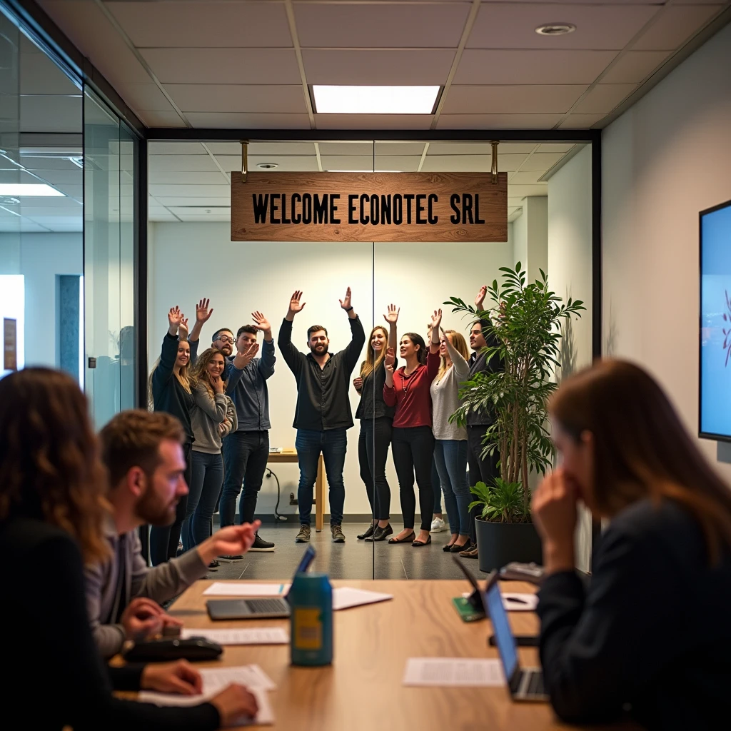 I WANT A LIVELY OFFICE that has a WELCOME ECONOTEC SRL sign. and some people are shown celebrating