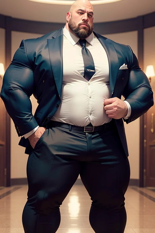 The Big show as a bodybuilder with enormous muscles, wide huge pectorals, wearing formal clothes, hairy chest, full body, abnormal, oversizing crotch bulging crotch
