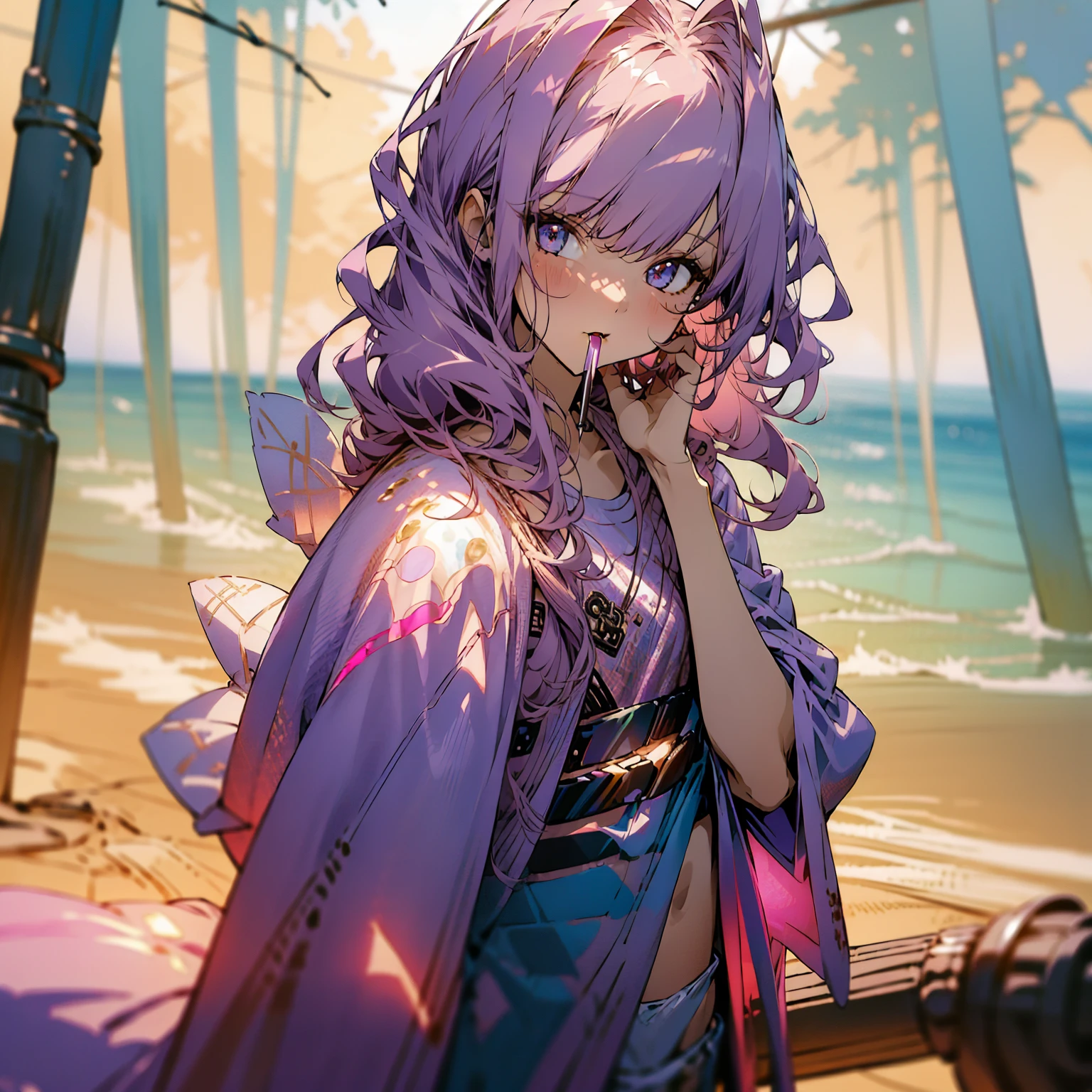 beautiful girl, wearing a cute pink bikini, a fabric shirt that reveals her body, long purple hair, bright roots, sucking on a lollipop, holding a lightning bolt, beach, sunny weather.