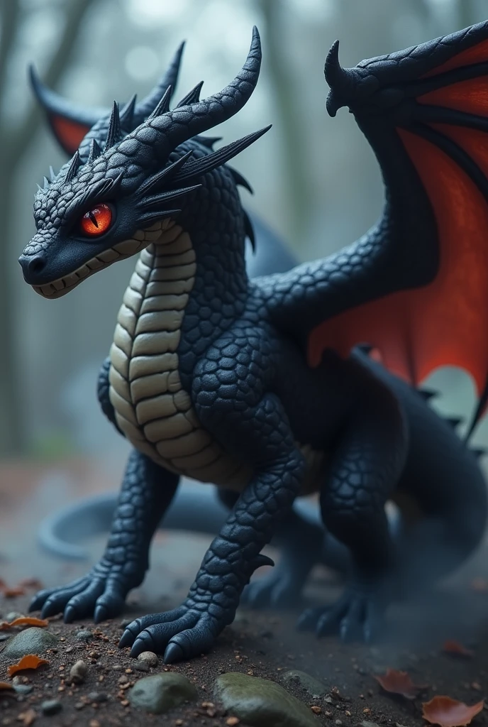 Realistic Anime、The main picture shows a young black dragon（Quadrupeds、Muscular limbs、Detailed description、Beautiful red eyes）、Black mist surrounding