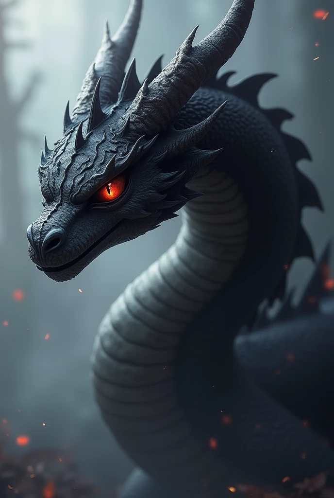 Realistic Anime、The main picture shows a young black dragon（Quadrupeds、Muscular limbs、Detailed description、Beautiful red eyes）、Black mist surrounding
