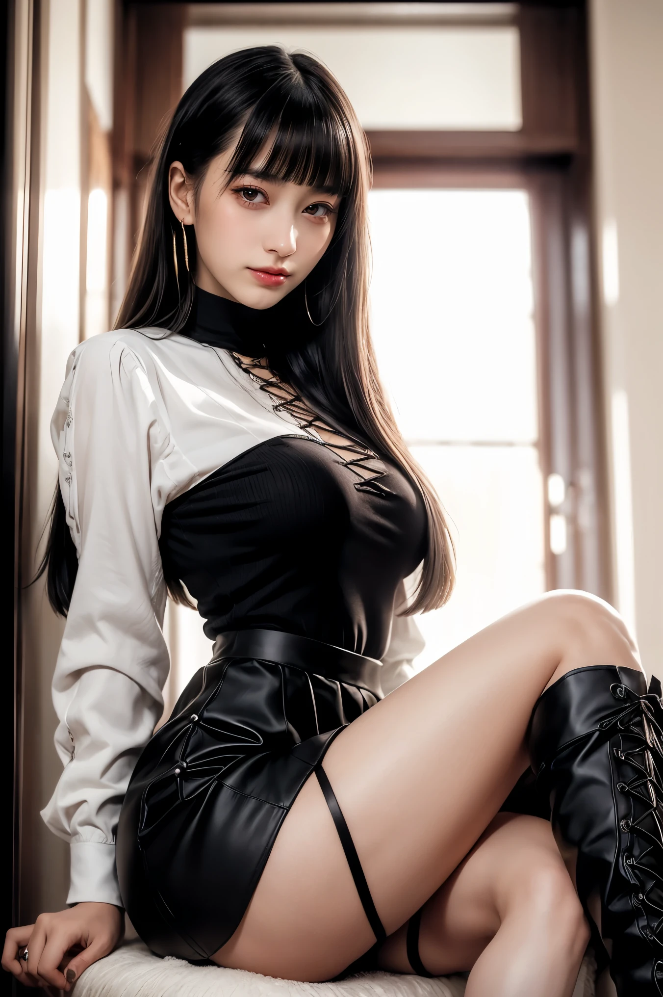 ((Crossing your legs:1.5)),Ultra-high resolution、(((Blunt bangs, Princess Bang))), (((Very heavy,Voluminous bangs:1.1))),(((very length, Very heavy,Very voluminous side locks:1.1))),, Raised ponytail，Straight bangs hairstyle, Round face with Blunt bangs, length, Glossless hair、Bangs cut straight,(masterpiece, Highest quality:1.5), (Ultra-fine 8K CG:1.4), (hyperRealistic:1.25), (PhotoRealistic:1.25), (Realistic:1.4), Cowboy Shot, (One from the front.4), (smile1.3), Beautiful Japanese Girl, 12 years old, Supermodel, Japanese Idols, (smile), Big Breasts, (Sitting in a chair)、Accentuate your cleavage:1.5、Black Hair:1.2、Full body image、((Real person:1.5))、(pantyhose:1.2)、((From below:1.5)), Earrings、 (Micro tight mini skirt), Big Breasts,((Lace-up long boots 2.0)),(Very long legs),