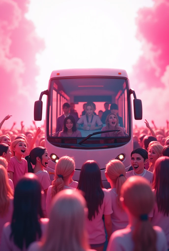 Bus and female fans in 3D , with white and pink colors,