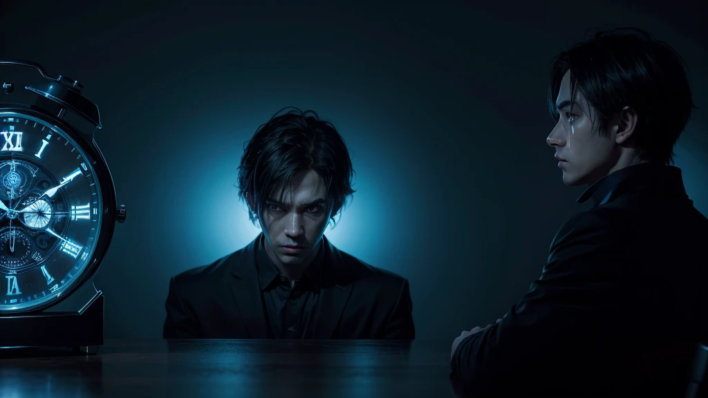 A 2D man looking at a clock, he sees the clock and has a scared expression, blue colors with dark background, There are other colors but the predominant ones are blue, 4K, full hd, high resolution