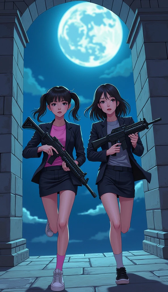 Two girls, japanese, "The first girl wear a black suit, pink shirt, black pencil skirt, black underpants, pink socks, white sneakers, holding a uzi handgun" and "The second girl wear a black suit, grey shirt, black pencil skirt, black underpants, grey socks, white sneakers, holding a uzi guns", run to the entry of castle, the night castle, fantasic night sky, moon, novel cartoon, 4K, HD
