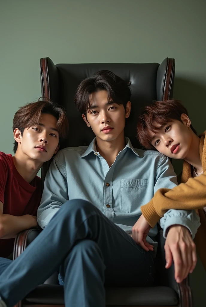 in one seat, first guy taehyung looking posing on camera beside him is jimin face and back leaning on chair with jawline and nose bridge and beside jimin is jungkook looking at him
