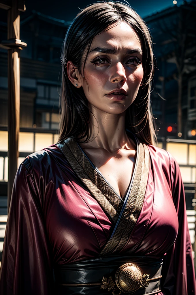 A samurai mature woman in realistic portrait of high quality and detail, movie style, mature face, 43 years old, Geisha, white makeup, She has Japanese traditional hairstyle, traditional hairstyle-nihongami, black eyes, pale skin, asian girl, She is wearing a traditional Japanese pink armor, blood on her clothes, medium breast, curvy, milf, mole on her face, dark fantasy, dark atmosphere, dramatic look, glow, eye shadow, 1girl, Depth & Perspective, melancholic face, fine face, She's standing in the japanese street, outdoors, snow on background, winter, night time, looking at viewer, (ultra-high detail:1.2), Masterpiece, Best Quality, Ultra-detailed, Cinematic lighting, 8K, delicate features, cinematic, 35 mm lens, f/1.9, highlight lighting, global lighting –uplight –v 4, cinematic, Cinematic lighting, 8K, high quality, Highest Quality, (Solo Focus), (extremly intricate:1.3), (Realistic), masterful, Analog style, (Film grain:1.5), (cold tone),
