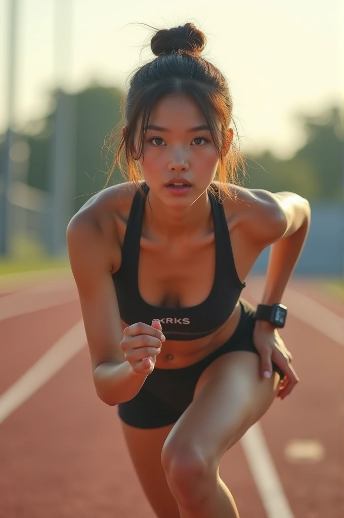22 Asian girl, RAW, analog, Nikon Z 85mm, award winning glamour photograph,((best quality)), ((masterpiece)), ((realistic)), running shorts, running top, ((no logo)), piercing eyes, ((Lunge pose)), ((thin)), ((skinny)), looking straight, flirting with camera, ((Garmin watch)), ((brunette hair in bunches)), in a outdoor running track, afternoon light, mouth slightly open, realistic eyes, stationary