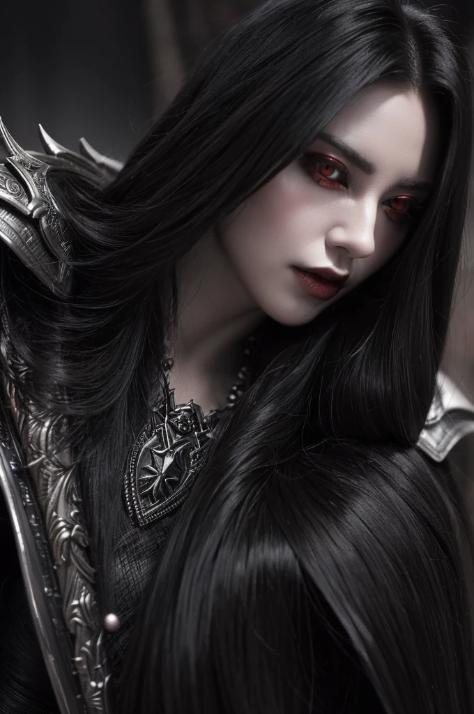 a high fantasy digital painting of an elder vampire, hyper detailed face, piercing red eyes, sharp fangs, long black hair, ornate silver armor, dark gothic cape, dramatic lighting, cinematic composition, epic fantasy, dramatic mood
