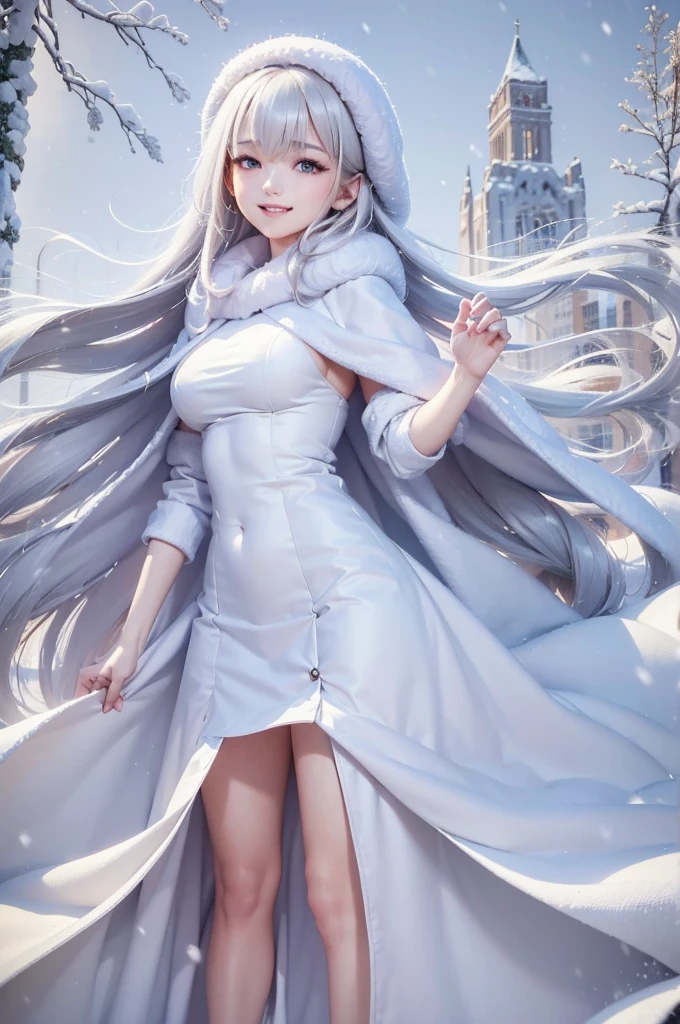 masterpiece、Highest quality、1 girl, winter, white hair, Cute girl, smile, close mouse, medium breasts, sideboob, white dress, winter clothes, long skirt, Fur coat、Small waist、Thin legs、outdoors, snow falling