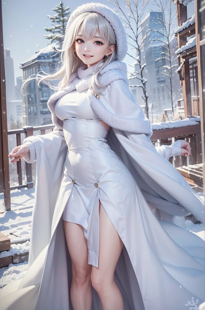 masterpiece、Highest quality、1 girl, winter, platinum blonde hair, Cute girl, smile, close mouse, medium breasts, sideboob:1.2, white dress, winter clothes, long skirt, Fur coat、Small waist、Thin legs、outdoors, front of the lake, snow falling, Prayer Pose, join hands, side view:1.4