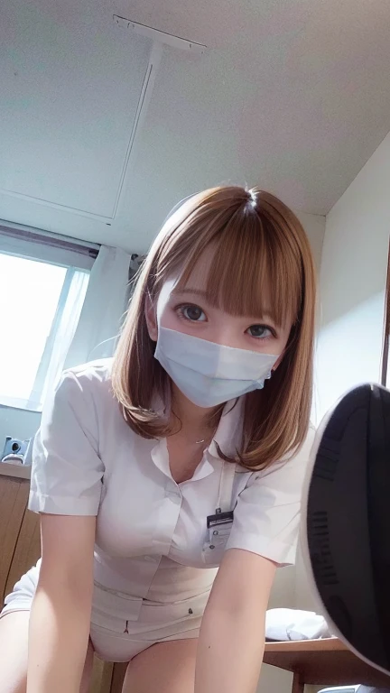 ((Looking from below:1.3))、hospital、Examination room、(With slits、Nurse uniform、Nurse Costume、Nurse uniform、Nurse Cosplay)、(White panties)、((Panty shot:1.2))、(Wear a mask:1.2)、1 girl、smile、Short Bob Hair、Medium breast、masterpiece:1.3、Highest quality、Raw photo、Detailed Images、Detailed Background、