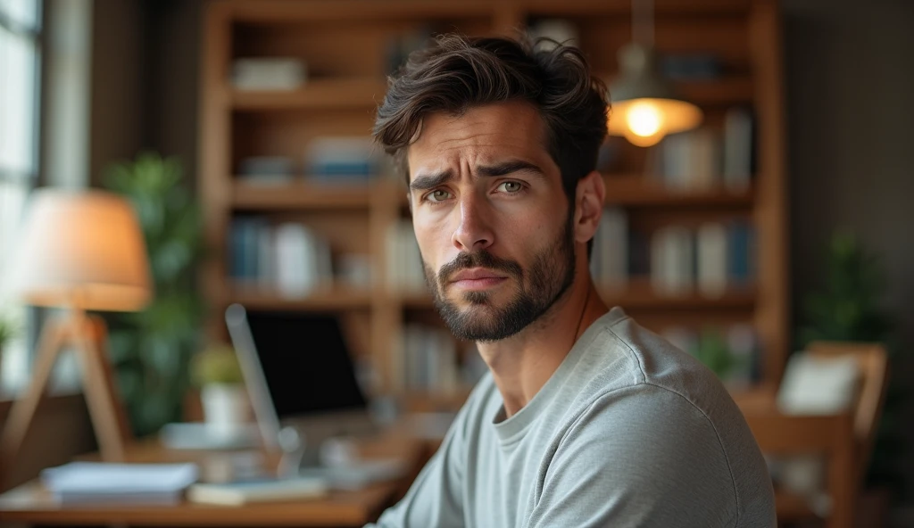 Portrait of a 35-year-old adult man with a youthful appearance, with himself as the main subject. He is in an indoor environment, suggesting an office. The man should be looking directly at the camera with a serious, worried expression. He should have short, slightly wavy dark brown hair and a sparse beard evenly distributed across his face. The lighting should be natural, soft and from the side, evenly illuminating the man's face and creating subtle shadows. The blurred background should be an office, adding depth to the image. Items such as a desk, chairs, bookshelf, books, lamps and office objects should be present, but blurred so as not to distract the man's attention. Use a warm, natural color palette, with wood tones and soft, natural lighting, creating a welcoming, professional atmosphere. The photograph should capture extreme detail, with a high-quality rendering in 8k, with professional photographic quality. The image must be high resolution with attention to detail and realism.