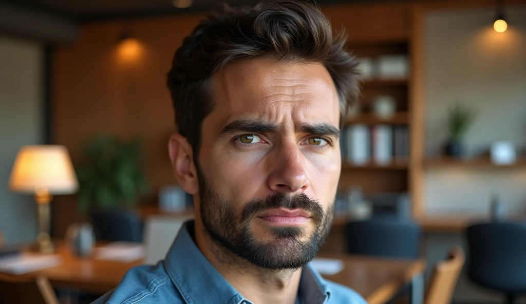 Portrait of a 35-year-old adult man with a youthful appearance, with himself as the main subject. He is in an indoor environment, suggesting an office. The man should be looking directly at the camera with a serious, worried expression. He should have short, slightly wavy dark brown hair and a sparse beard evenly distributed across his face. The lighting should be natural, soft and from the side, evenly illuminating the man's face and creating subtle shadows. The blurred background should be an office, adding depth to the image. Items such as a desk, chairs, bookshelf, books, lamps and office objects should be present, but blurred so as not to distract the man's attention. Use a warm, natural color palette, with wood tones and soft, natural lighting, creating a welcoming, professional atmosphere. The photograph should capture extreme detail, with a high-quality rendering in 8k, with professional photographic quality. The image must be high resolution with attention to detail and realism.
