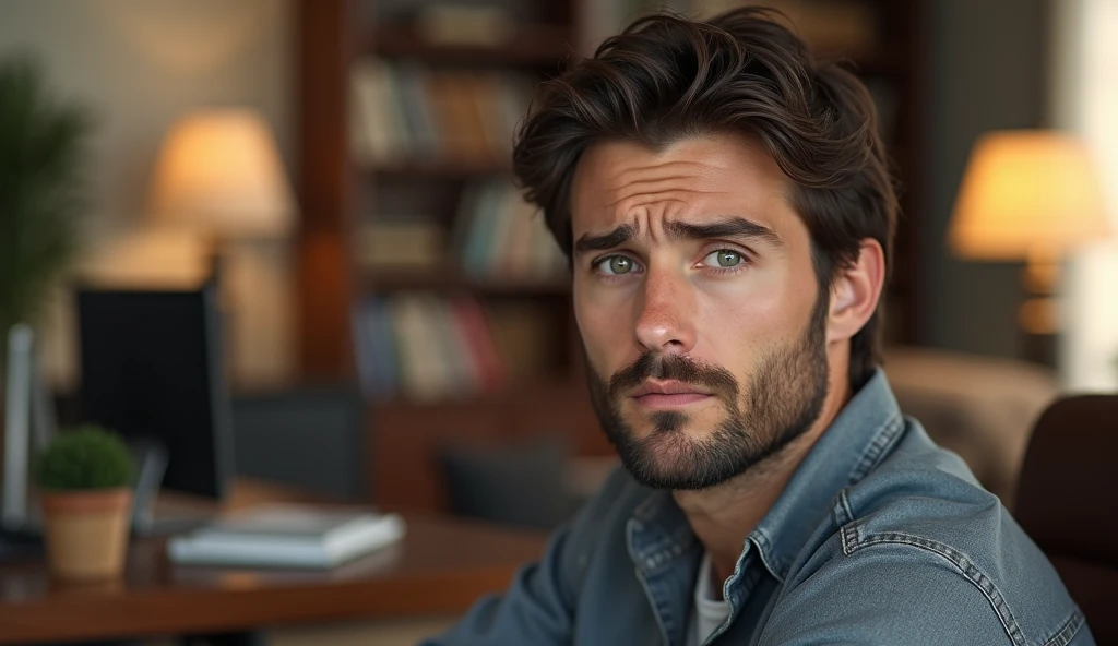 Portrait of a 35-year-old adult man with a youthful appearance, with himself as the main subject. He is in an indoor environment, suggesting an office. The man should be looking directly at the camera with a serious, worried expression. He should have short, slightly wavy dark brown hair and a sparse beard evenly distributed across his face. The lighting should be natural, soft and from the side, evenly illuminating the man's face and creating subtle shadows. The blurred background should be an office, adding depth to the image. Items such as a desk, chairs, bookshelf, books, lamps and office objects should be present, but blurred so as not to distract the man's attention. Use a warm, natural color palette, with wood tones and soft, natural lighting, creating a welcoming, professional atmosphere. The photograph should capture extreme detail, with a high-quality rendering in 8k, with professional photographic quality. The image must be high resolution with attention to detail and realism.