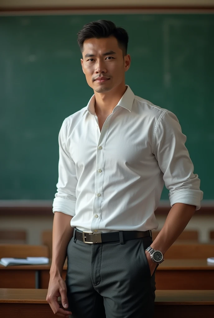Vietnamese man, 30 years old, teacher,Handsome and elegant, Wearing a uniform, sexy , Masculine and handsome,musculous,Muscles look good, with fair skin,, Full body photo,(ultra-detailed, photorealistic, best quality, 4k, 8k, highres, masterpiece:1.3), a mature man, charming and distinguished , (muscular build body), wearing tailored shiny dress shirt, , perfectly fitted charcoal trousers, sweat, unbutton buttons shirt, lewd face ,tight chest, sex,See-through shirt, erotic, horny, , Accessories include a luxury wristwatch, in the Classroom,looking at viewer,muscle veins,no underwear ,Tight shirt makes muscle,unbutton,six pack
