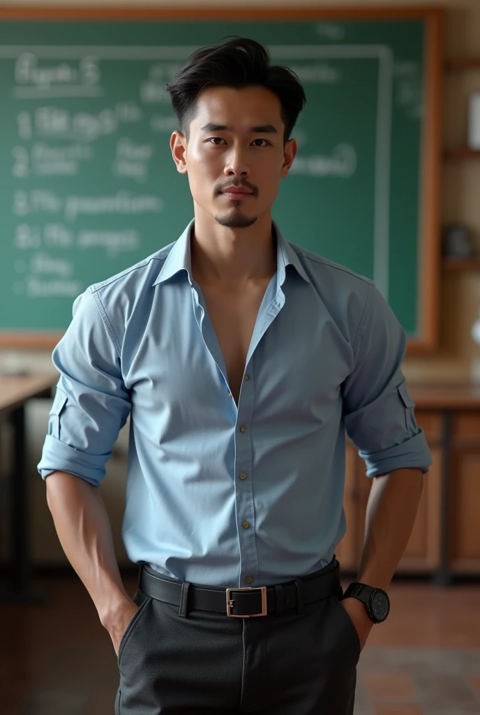 Vietnamese man, 30 years old, teacher,Handsome and elegant, Wearing a uniform, sexy , Masculine and handsome,musculous,Muscles look good, with fair skin,, Full body photo,(ultra-detailed, photorealistic, best quality, 4k, 8k, highres, masterpiece:1.3), a mature man, charming and distinguished , (muscular build body), wearing tailored shiny dress shirt, , perfectly fitted charcoal trousers, sweat, unbutton buttons shirt, lewd face ,tight chest, sex,See-through shirt, erotic, horny, , Accessories include a luxury wristwatch, in the Classroom,looking at viewer,muscle veins,no underwear ,Tight shirt makes muscle,unbutton,six pack